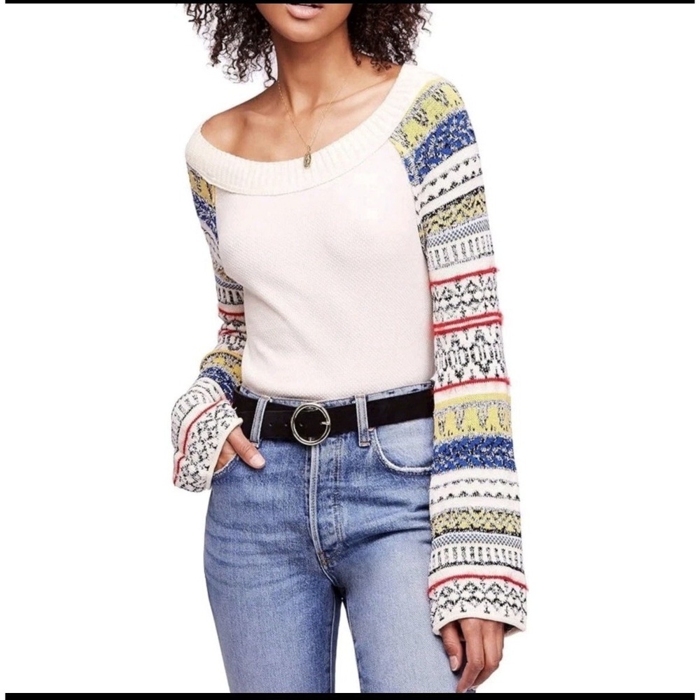 Free‎ People Fairground Thermal Top Womens L Crop Bell Sleeve Boho Hippie Festiv